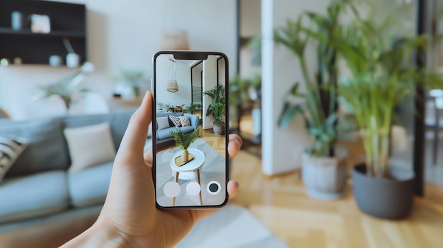 A hand holding a phone with an augmented reality app showing a virtual living room with a sofa coffee table and plants