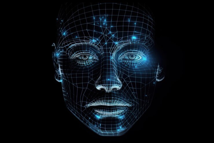 A head of a person with a grid of blue lines and the word ai on it