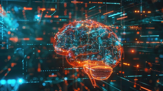a human brain with a blue and red background