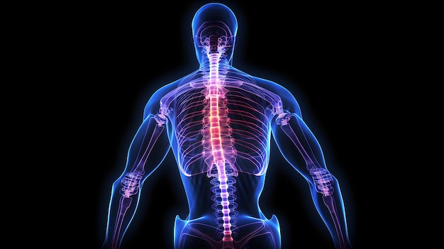 A human skeleton with red and blue lights