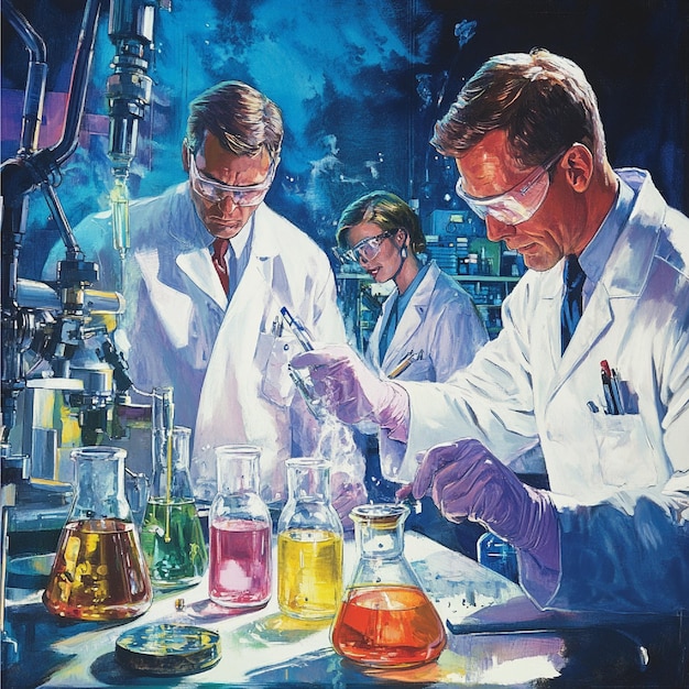 A laboratory setting with scientists testing and mixing different ink formulations