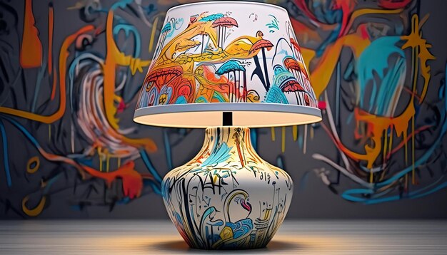 a lamp with a colorful design on it is on a table