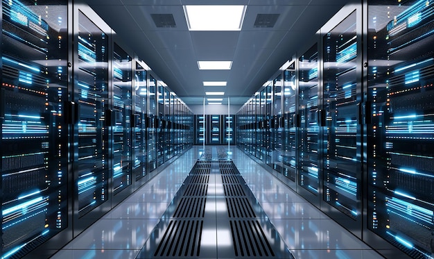 a large storage room with many computers and lights on the ceiling