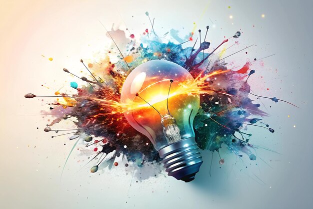 A light bulb with its filament sparking an explosion of vibrant colors and abstract shapes