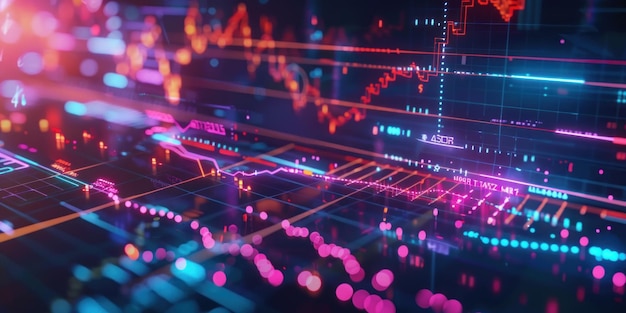 a line of neon lights with a line of graphs behind them