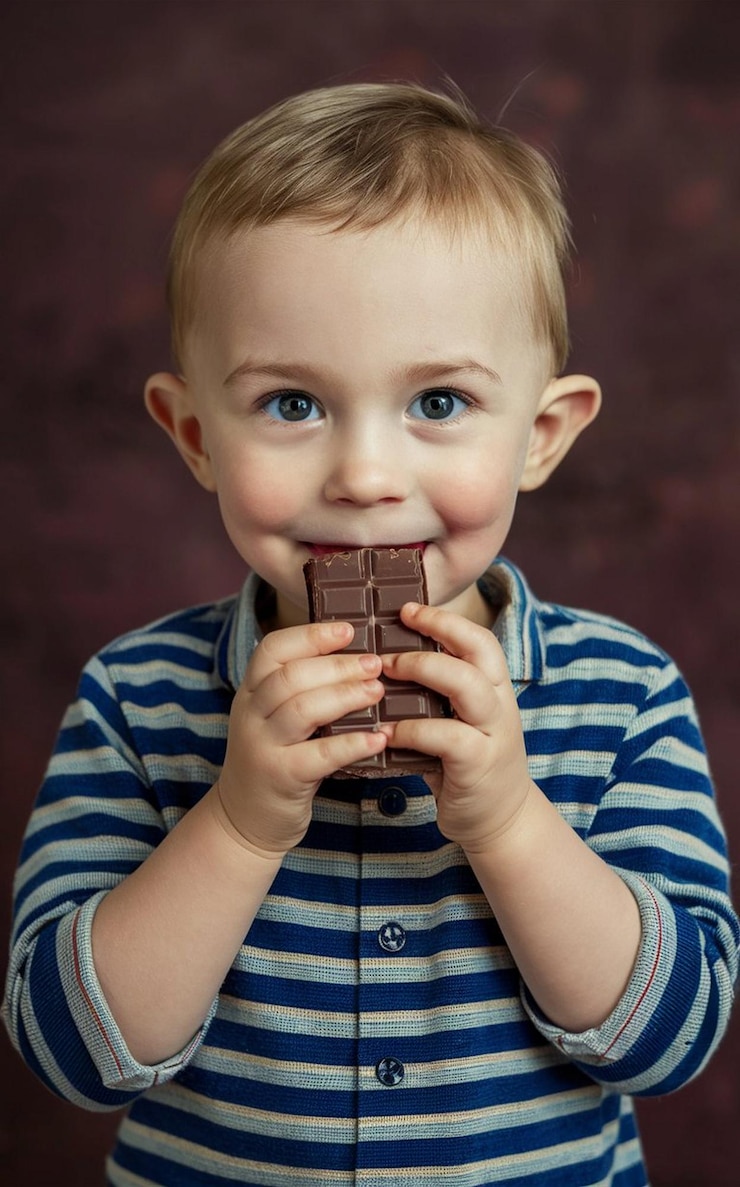 a little boy eating a chocolate bar with a chocolate bar in the background