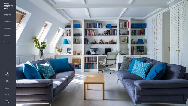 a living room with a couch coffee table and bookshelf