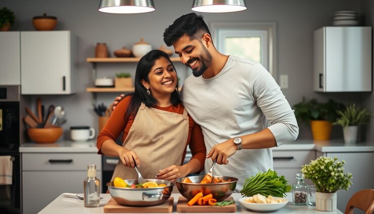 a man and woman are cooking together in a kitchen
