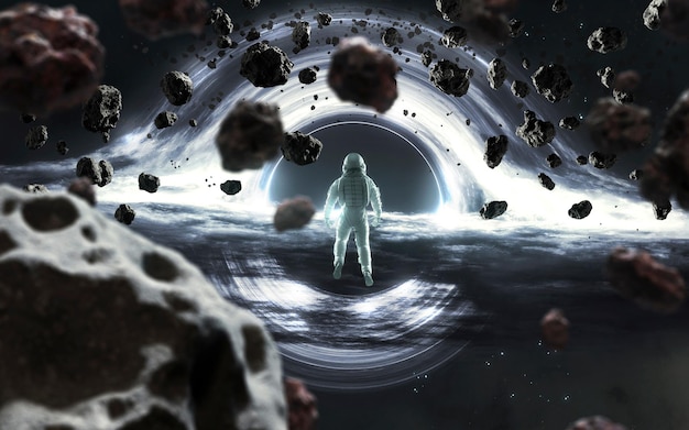 A man in a space suit stands in front of a black hole.