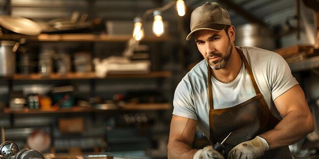 A man in an apron and hat is working in a garage Concept DIY Projects Workshop Setup Apron and Tools Home Improvement Automotive Maintenance