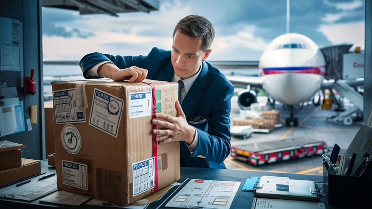 a man is putting a box on a box that says  air canada