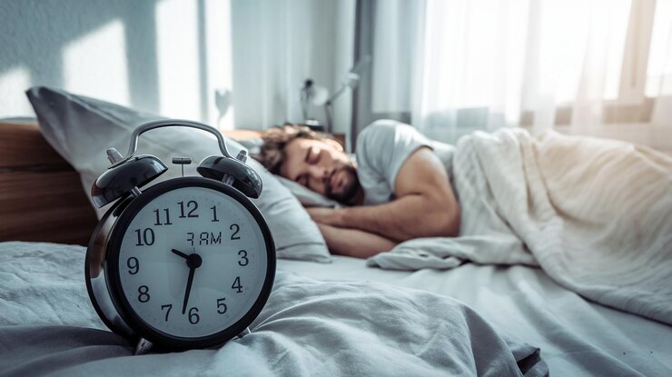a man is sleeping in a bed with a clock that says 11  00