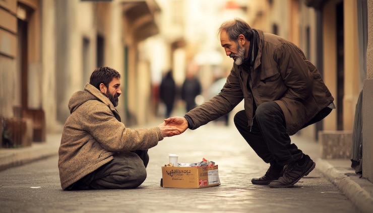 Fotoğraf a man reaches out to a needy person sitting on the street