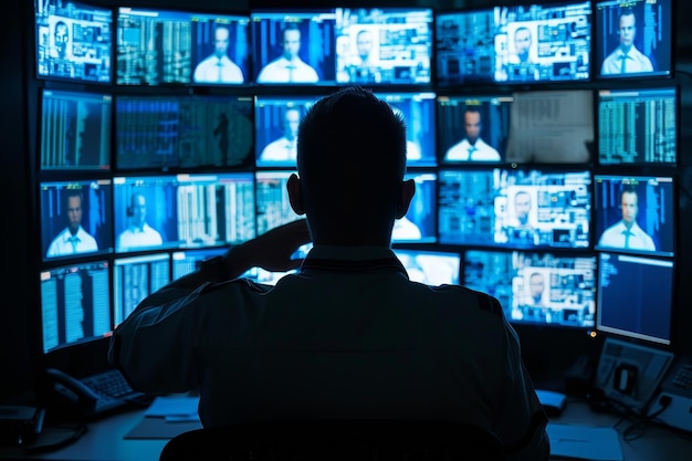 A man sits at a desk closely watching a wall of television screens displaying security footage A security operations center analyst monitoring for security incidents