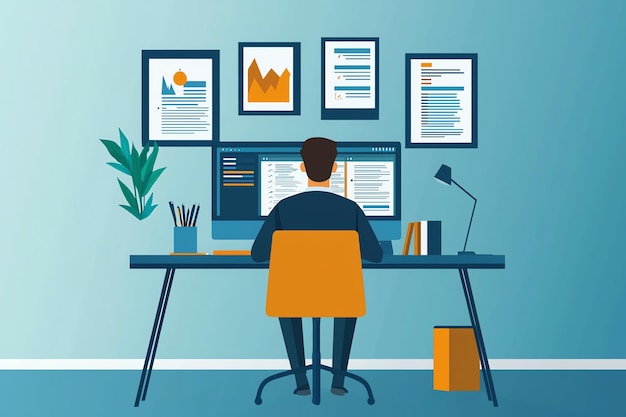 a man sits at a desk with a computer and a document that says quot financial data quot