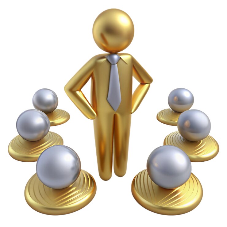 a man standing in front of four gold figurines