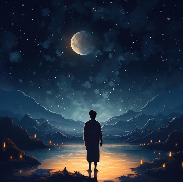 a man stands in front of a river with a moon in the sky.