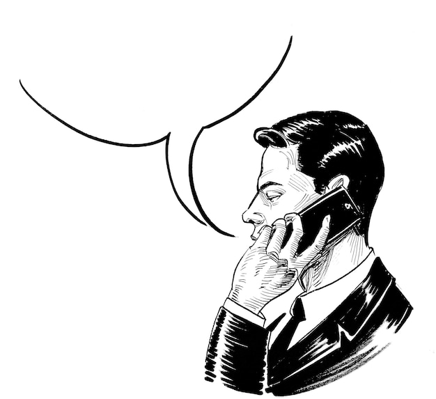 A man talking on a cell phone with a speech bubble saying'call '.