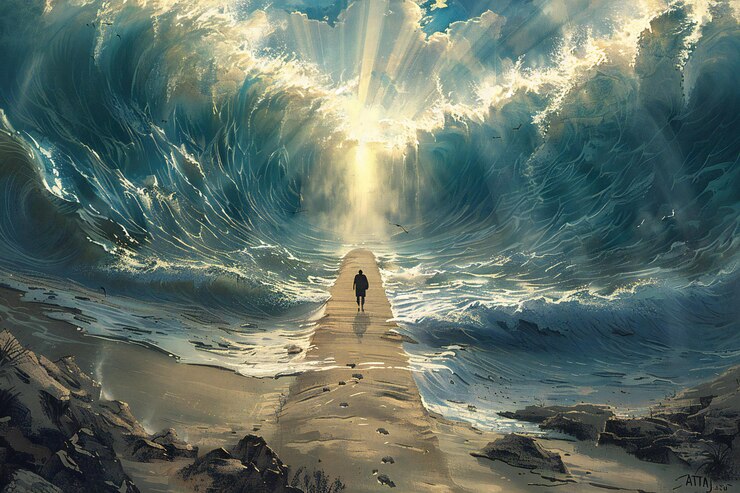 A man walking on the dry path of sea huge waves around him and behind is a light at end of road th
