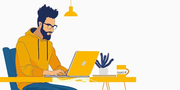 a man working at a computer with a coffee cup on the table