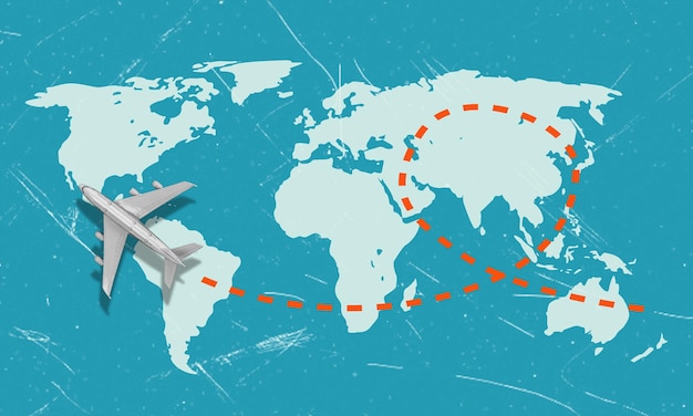 A modern artistic collage featuring an image of the Earth and a flying airplane