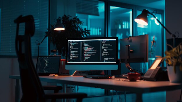 A modern dimly lit office space with coding displayed on multiple screens creating an atmosphere of focused programming and latenight work