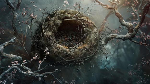 a nest with a tree in the middle of it