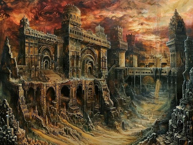 a painting of a building with a fire burning in the background