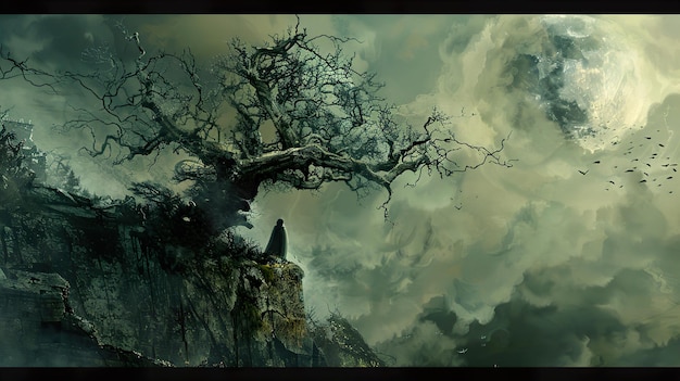 a painting of a tree with a man on it