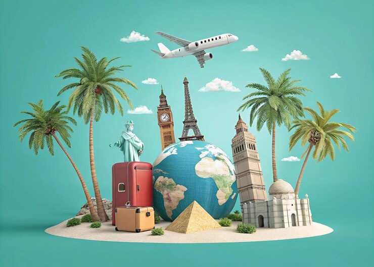 a painting of a world with a plane and palm trees