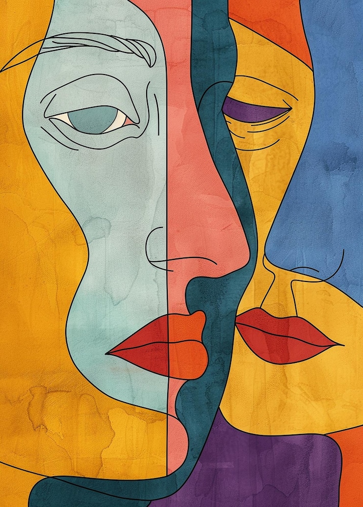 Fotoğraf a painting of two faces with one being drawn by a man