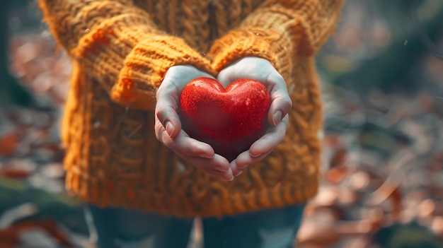 A person holding a small red heart in their hands focusing on the theme of care and giving