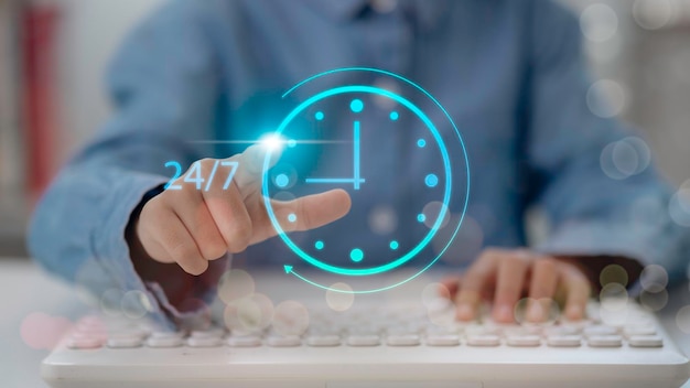 a person is pressing a button on a computer keyboard with a blue background