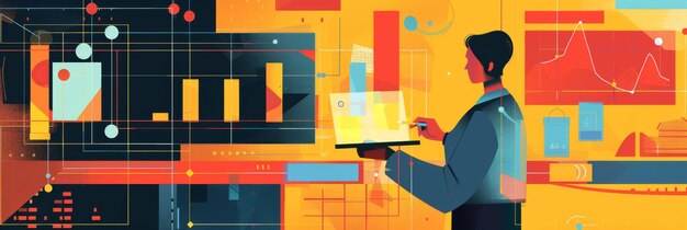 A person with a laptop surrounded by data visualizations charts and graphs symbolizing data