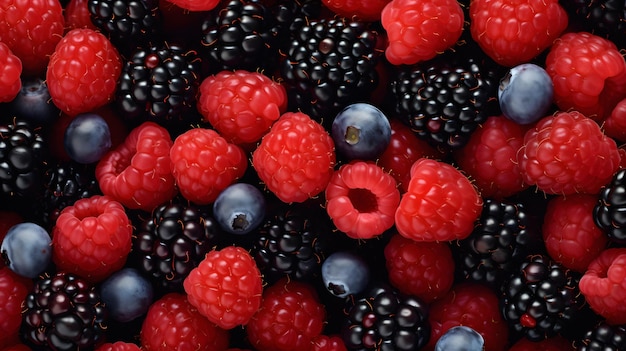 a pile of raspberries and blackberries