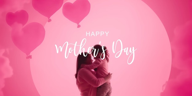 a pink background with a mother and her baby holding a pink heart shaped balloon.