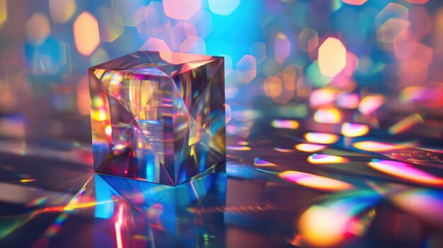 A prism refracting vibrant colorful light patterns against a blurred abstract background with bokeh effects