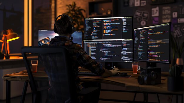 A programmer is sitting at his desk working on a project He is wearing headphones and looking at multiple computer monitors