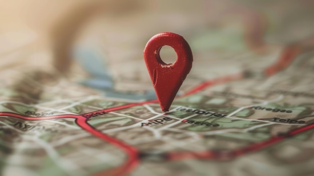 A red location pin stands out against a detailed map showcasing the concept of navigation and exploration Generative AI