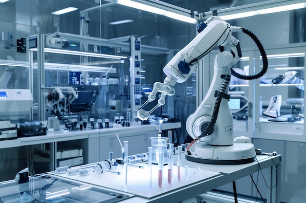 a robot with a white face and black hands holding a test tube