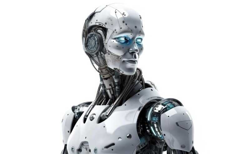 A robot with blue eyes and a white background.
