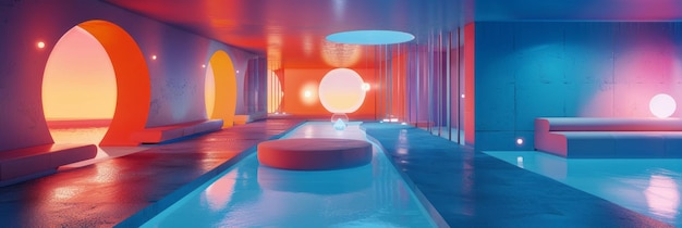 A room illuminated by vibrant multicolored lights with a bench in the center