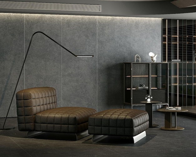 a room with a couch a lamp and a bookcase