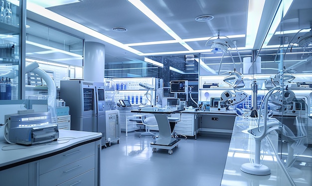 a room with a large lab with a large lab with a large blue and white lab