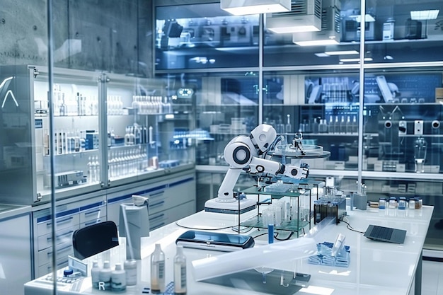 a room with a robot and a lab with a large display of equipment