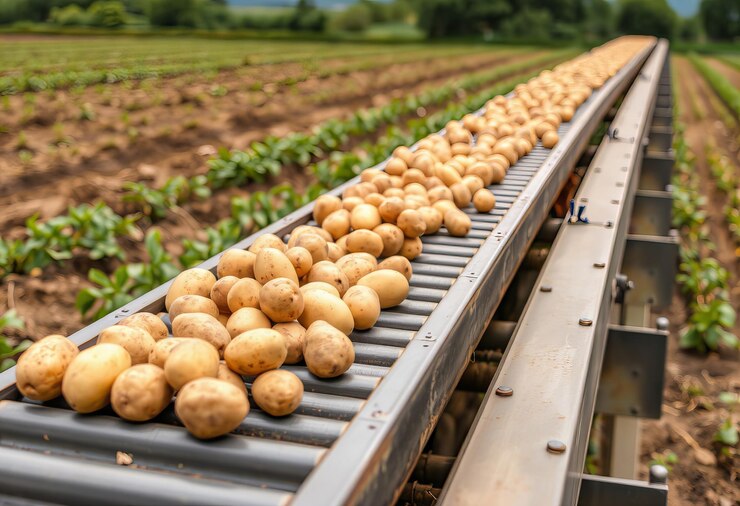 a row of potatoes on a conveyor belt that says  potatoes