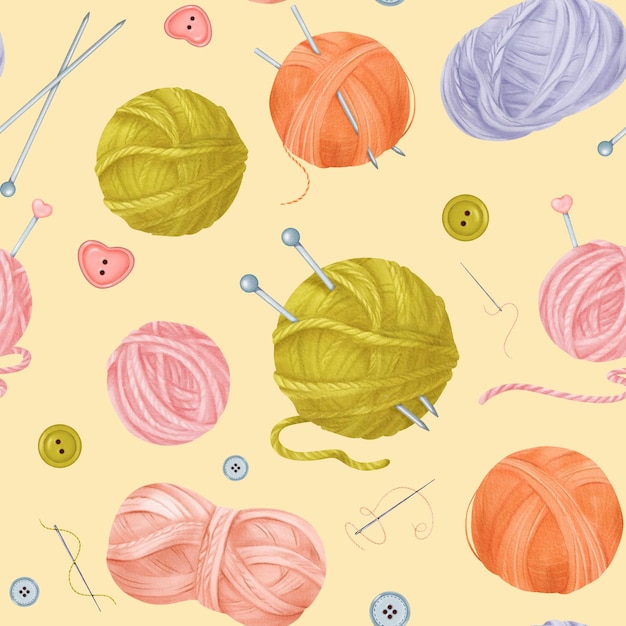 A seamless craftingthemed pattern featuring yarn skeins colorful buttons sewing needles with threads