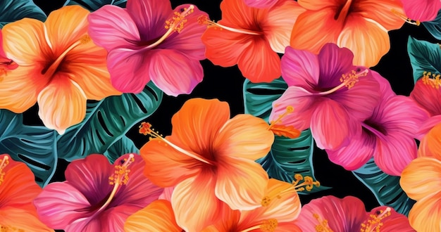 A seamless pattern of tropical flowers with hibiscus on a black background.