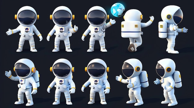 a set of ten 3d cartoon astronauts in various poses perfect for animation and illustration