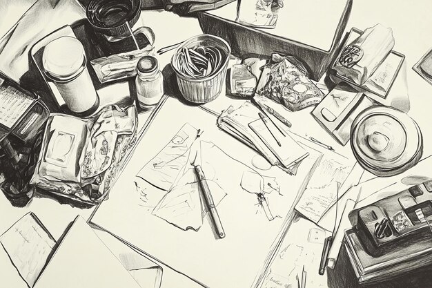 A Sketch image of Everyday objects Birds eye view generative ai